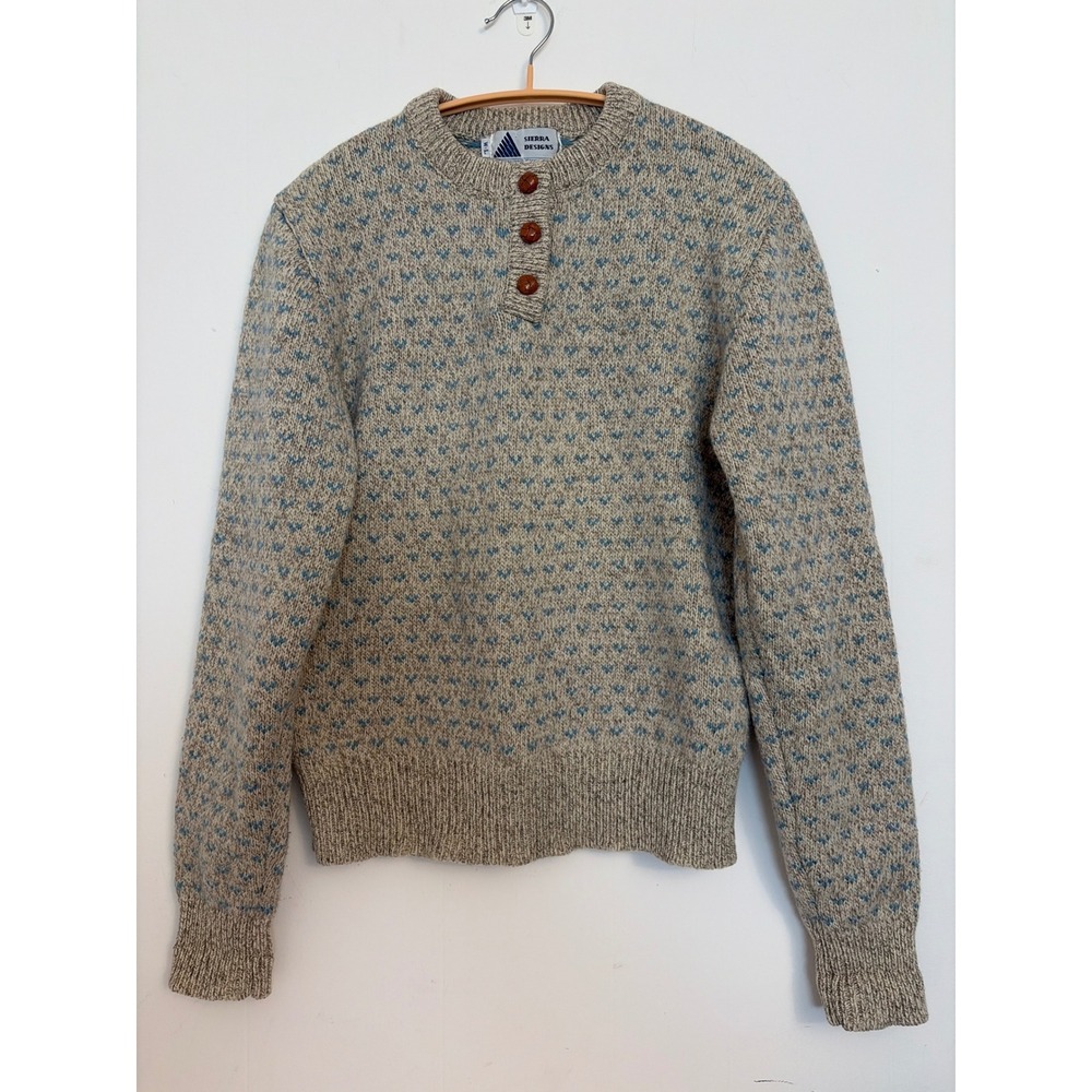 Sierra Designs Henley Sweater Women L Ragg Wool Heart Knit Ski Trail Granola
